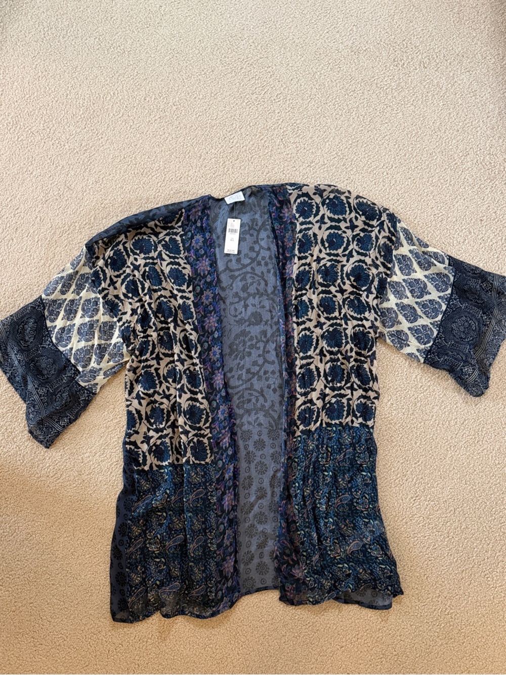 Elizabeth Gilett Anthropologie Navy and Cream Patchwork Floral Kimono o/s NWT